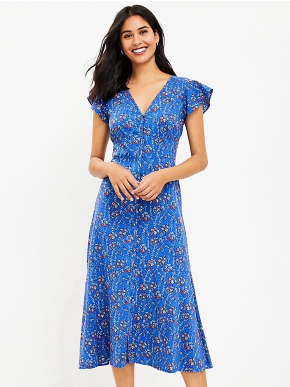 LOFT Blue Floral Button-Front V-Neck Midi Dress